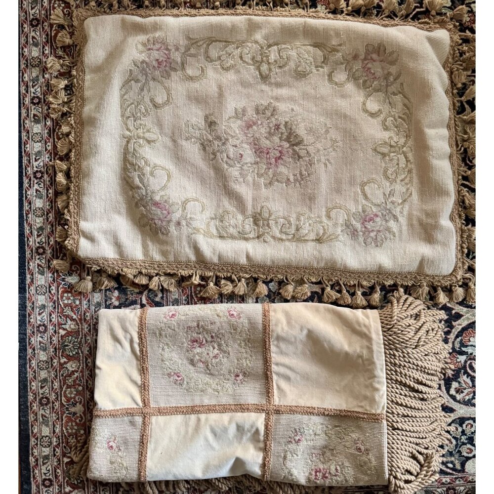 Shabby Tapestry Throw Tassel Pillow Set Beige Cover Floral Embroidered Vintage - Picture 7 of 16